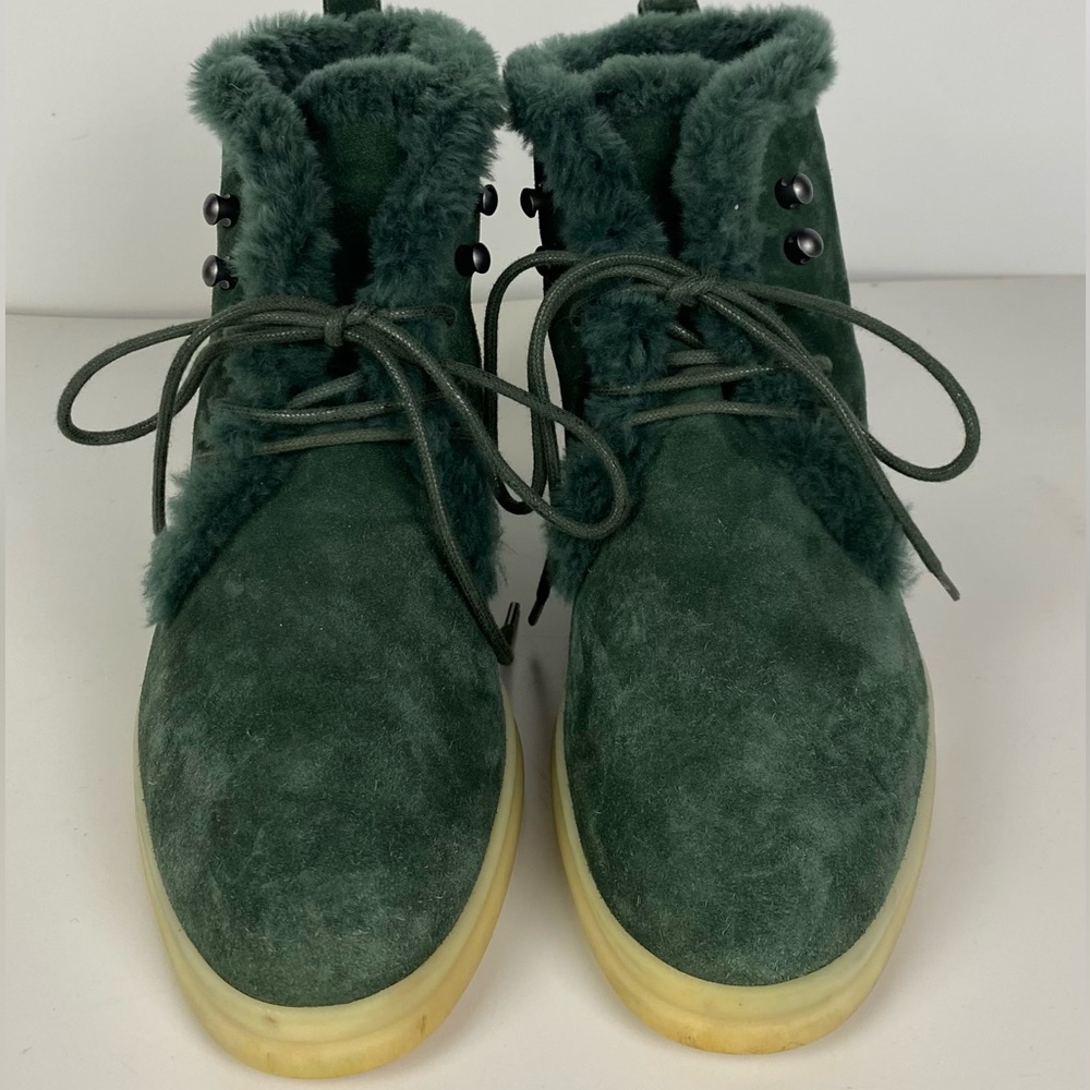 AUTH LORO PIANA GREEN SUEDE & FUR LACE UP BOOTS WOMENS 37